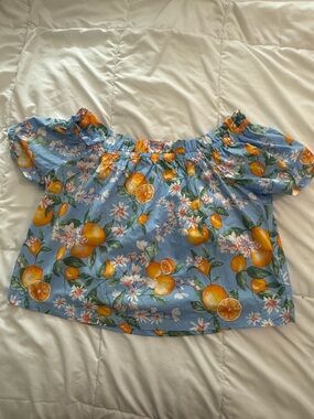 Skies Are Blue Blue Top with Orange and Green Citrus Print